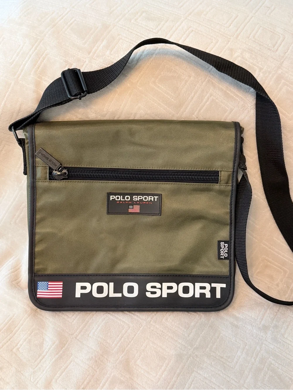 Vintage 90s Ralph Lauren Polo Sport Messenger Bag Olive Green Nylon - flag logo
